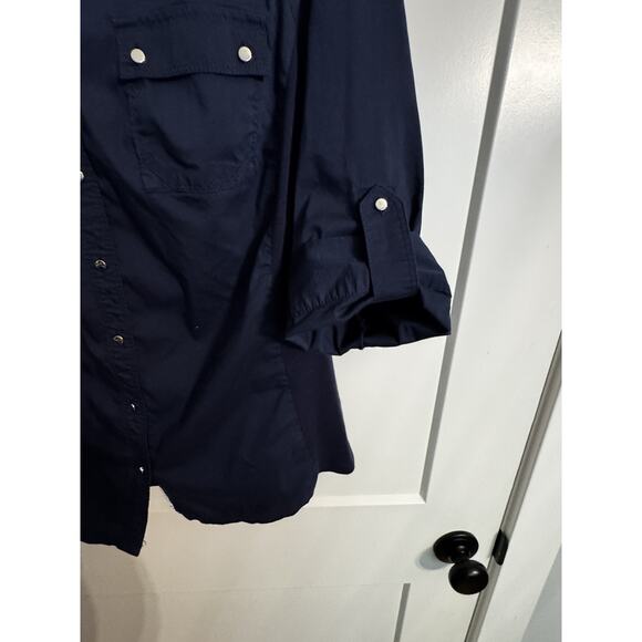 Zac & Rachael Plus 1X Navy Woven Knit Long Sleeve Button Up Tab Sleeve Work Fall - Picture 5 of 11